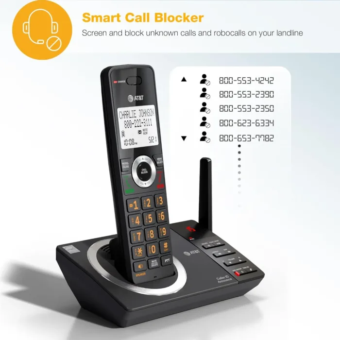 AT&T 4-Handset Expandable DECT 6.0 Cordless Home Phone with Large Display, Big Buttons, Answering Machine, Smart Call Blocker, Long Range, Caller ID, Speakerphone, Intercom: CL82418 (Charcoal Black)