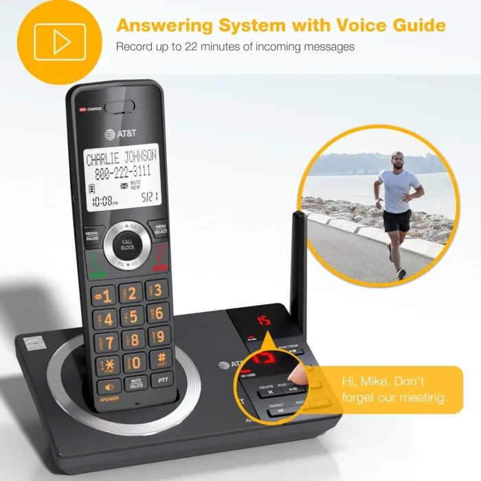 AT&T 4-Handset Expandable DECT 6.0 Cordless Home Phone with Large Display, Big Buttons, Answering Machine, Smart Call Blocker, Long Range, Caller ID, Speakerphone, Intercom: CL82418 (Charcoal Black)