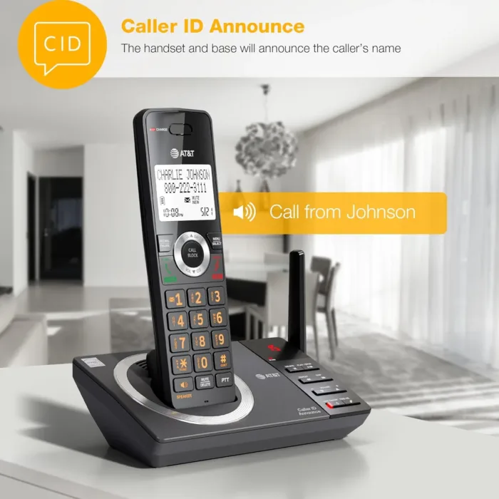 AT&T 4-Handset Expandable DECT 6.0 Cordless Home Phone with Large Display, Big Buttons, Answering Machine, Smart Call Blocker, Long Range, Caller ID, Speakerphone, Intercom: CL82418 (Charcoal Black)
