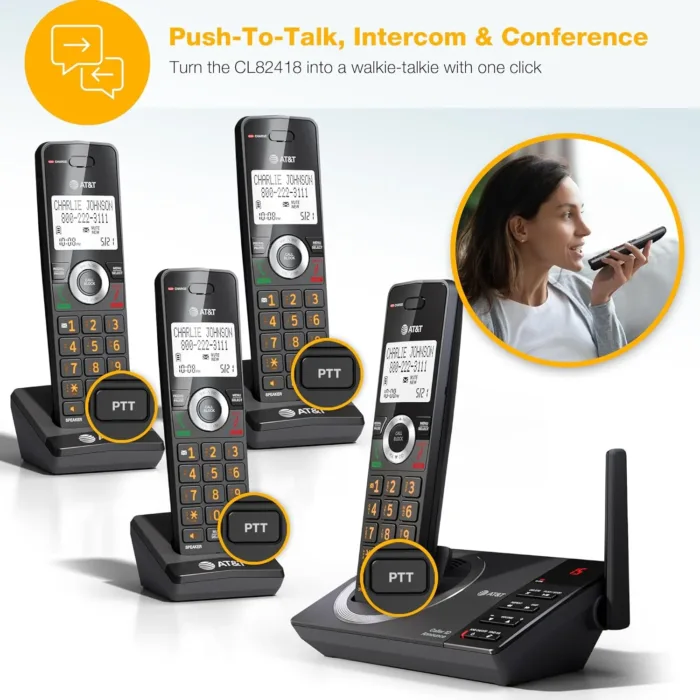 AT&T 4-Handset Expandable DECT 6.0 Cordless Home Phone with Large Display, Big Buttons, Answering Machine, Smart Call Blocker, Long Range, Caller ID, Speakerphone, Intercom: CL82418 (Charcoal Black)
