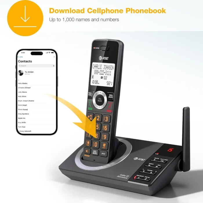 AT&T 4-Handset Expandable DECT 6.0 Cordless Home Phone with Large Display, Big Buttons, Answering Machine, Smart Call Blocker, Long Range, Caller ID, Speakerphone, Intercom: CL82418 (Charcoal Black)