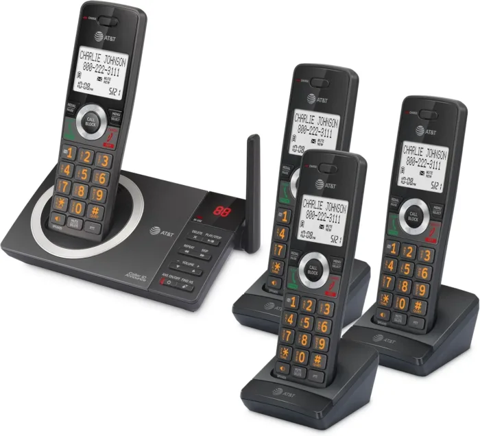 AT&T 4-Handset Expandable DECT 6.0 Cordless Home Phone with Large Display, Big Buttons, Answering Machine, Smart Call Blocker, Long Range, Caller ID, Speakerphone, Intercom: CL82418 (Charcoal Black)