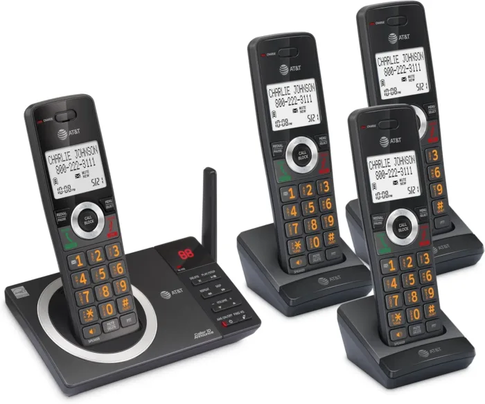 AT&T 4-Handset Expandable DECT 6.0 Cordless Home Phone with Large Display, Big Buttons, Answering Machine, Smart Call Blocker, Long Range, Caller ID, Speakerphone, Intercom: CL82418 (Charcoal Black)