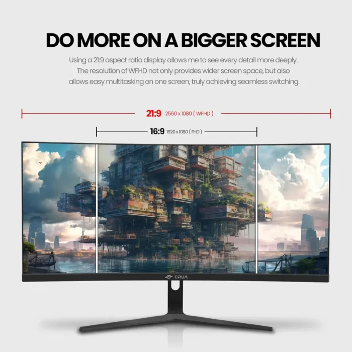 CRUA 30Inch Ultrawide Curved Monitor, 21:9 WFHD(2560x1080P) VA Computer Monitor, 99% sRGB 100HZ 1500R PC Monitors Support FreeSync, Wall-Mounted, with HDMI/DP Display Port-Black