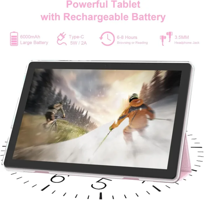 Android 15 Tablet 10 inch Tablets with Case, 10GB RAM + 64GB ROM (Expand to 1TB), Quad Core Processor Tablets, 5G WiFi 6, BT5.0, 1280x800 HD Screen, 6000mAh, Dual Camera, GMS, Widevine L1, Pink