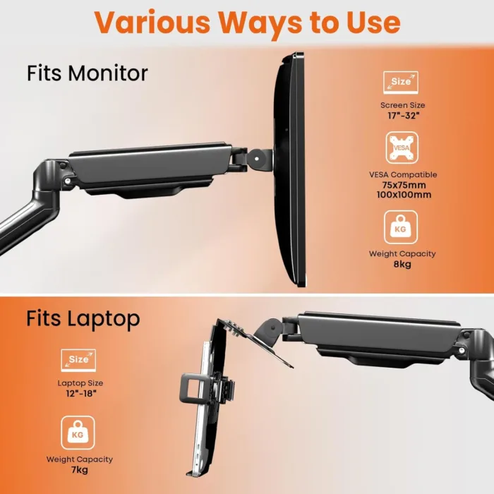 2-in-1 Laptop Wall Mount with Detachable Tray | Gas Spring Adjustable Arm for 12-17 Inch Laptops & Monitors | Full Motion Articulating Stand | Holds 2.2-19.8 lbs (Black)