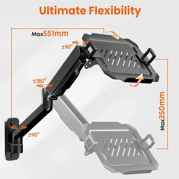 2-in-1 Laptop Wall Mount with Detachable Tray | Gas Spring Adjustable Arm for 12-17 Inch Laptops & Monitors | Full Motion Articulating Stand | Holds 2.2-19.8 lbs (Black)