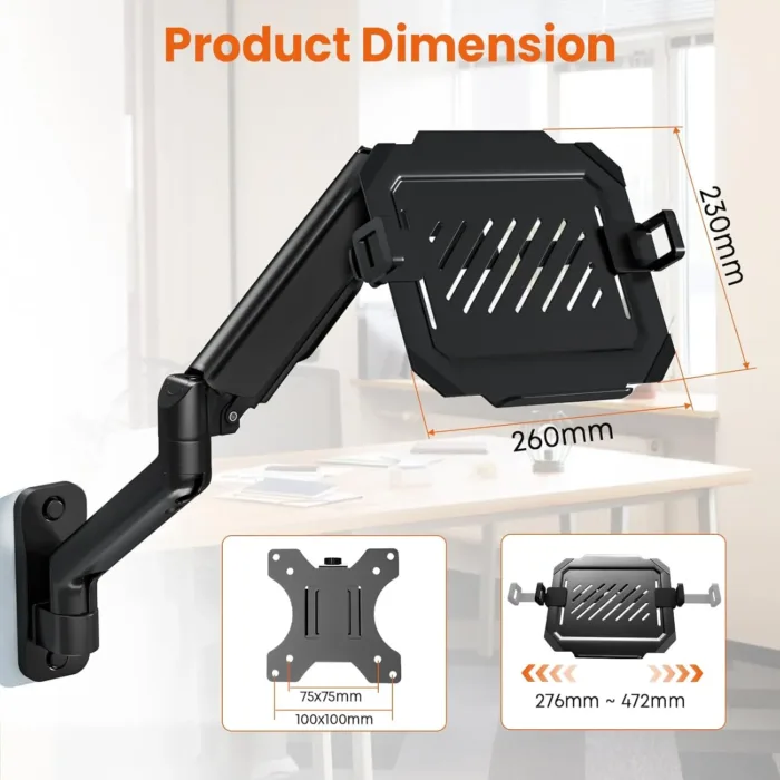 2-in-1 Laptop Wall Mount with Detachable Tray | Gas Spring Adjustable Arm for 12-17 Inch Laptops & Monitors | Full Motion Articulating Stand | Holds 2.2-19.8 lbs (Black)