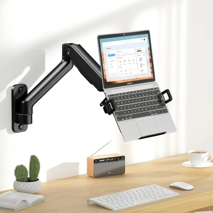 2-in-1 Laptop Wall Mount with Detachable Tray | Gas Spring Adjustable Arm for 12-17 Inch Laptops & Monitors | Full Motion Articulating Stand | Holds 2.2-19.8 lbs (Black)