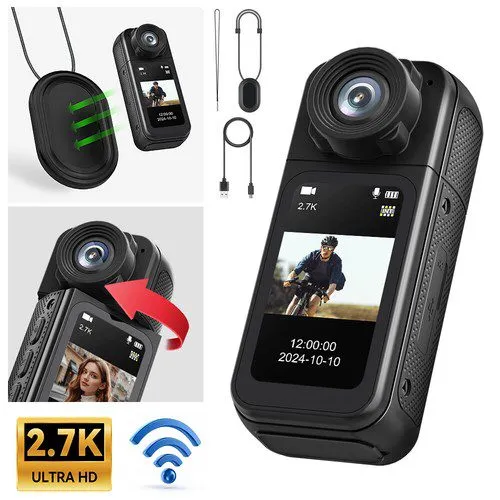 2.7K Thumb WiFi Action Camera, Wearable Body Camera Hands-Free POV Recording