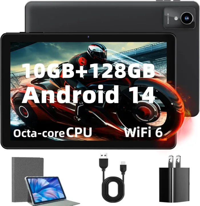 2024 New Tablet 10 inch Android 14 Tablets, 10(4+6)GB RAM+128GB ROM+1TB Expand, Octa-Core 2.0GHz, 1280 * 800 IPS Incell Display, 6000mAh, 5MP+8MP Camera, 5G+2.4G Wi-Fi/Bluetooth 5.4, Widevine L1