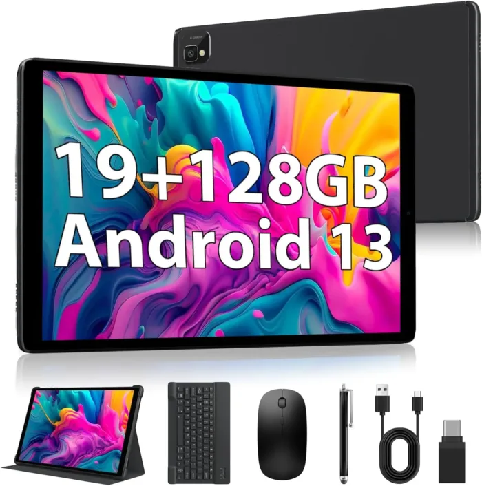 2025 Android 13 Tablets,10.1-inch Tablet with 128GB ROM,19GB RAM,1TB Expand, 2.0GHz CPU, 1920*1200 Incell screen, 8000mAh, 8+13MP WiFi BT5.0 GPS Android Tablet with Keyboard and Mouse - Black
