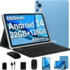2025 Android 14 Tablet 10 inch Octa-Core Tablets with 22GB RAM+128GB ROM(Expand to 1TB),8000mAh Large Battery,1280x800 IPS HD Touch Screen,Support Widevine L1,Keyboard & Mouse Included-Metal Blue