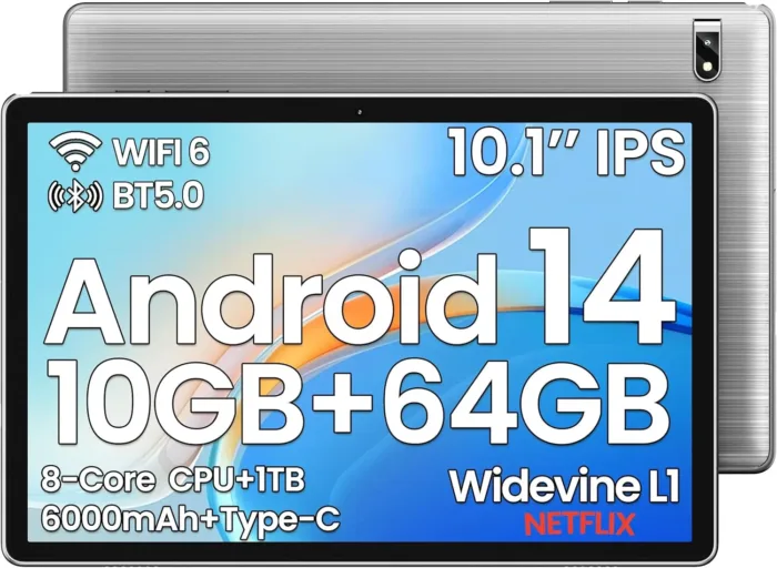 2025 Android Tablet 10 inch, Android 14 Tablets, Octa-Core, 10GB RAM + 64GB ROM (1TB Expand), 6000mAh Battery, 2.4G+5G Wi-Fi 6, 2MP+8MP Cameras, Bluetooth, 1280x800 FHD IPS (Gray)