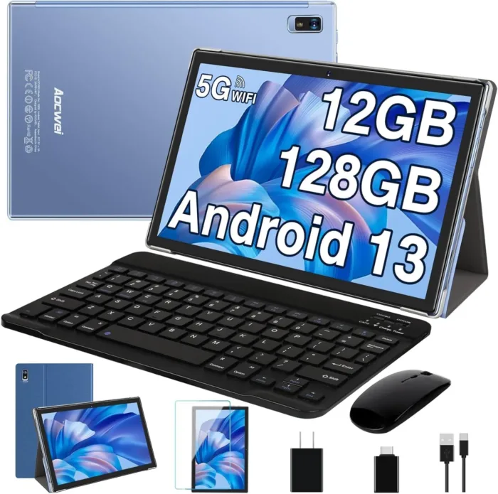 2025 Android Tablet with Keyboard 12GB RAM 128GB ROM 1TB Expand, Octa-Core, 8000mAh 10 Inch Android 13 Tablets with 5G+2.4G WiFi, HD IPS Touchscreen, Case, Mouse, GPS, Split Screen, Metal Body -Blue