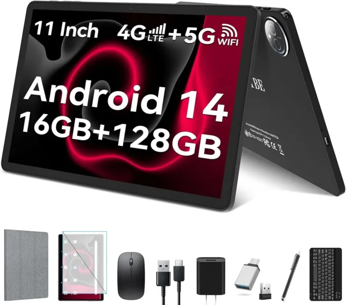 2025 Latest 11 inch Tablet, Android 14 Tablets with 16GB RAM 128GB ROM 1TB Expandable, Dual 4G Tablet with Keyboard, 8000mAh Battery, Octa-Core Tableta with 21 MP Camera, 11" Incell HD Tablets