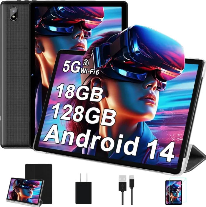 2025 Tablet Android 14 Tablets with 128GB ROM+18GB RAM, 1TB Expand, Powerful Octa-Core, WiFi 6, BT5.0, 6000mAh, Widevine L1, Black