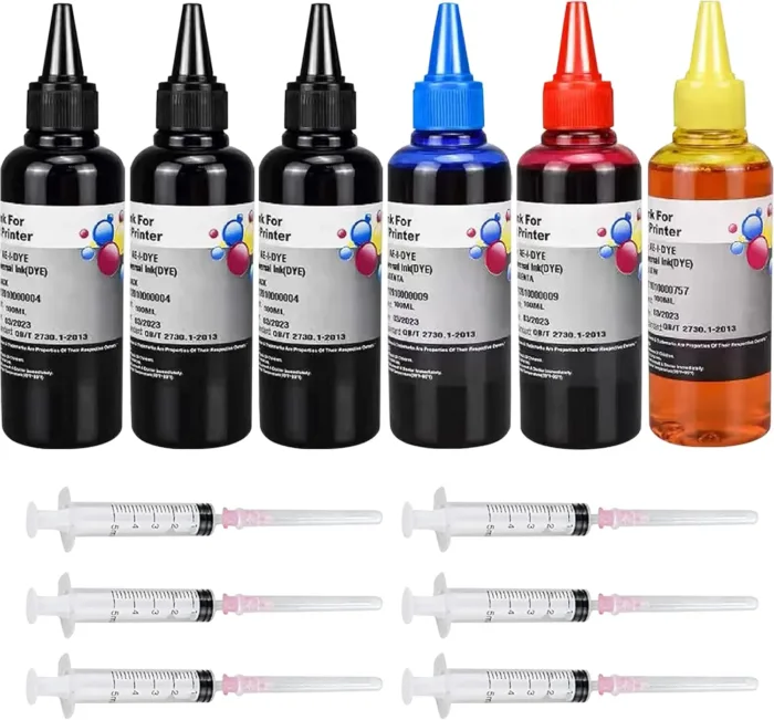6-Pack Universal Dye Ink Refill Kit for All HP Canon Epsn Brother Printers Compatible Cartridges Refillable Cartridge CISS CIS System with 6 Syringes(6x100ML 3BK, 1C. 1M, 1Y)