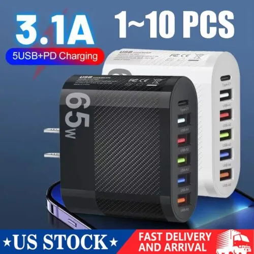 65W Super Fast Charge Wall Charger Adapter 5 USB Port + Type C Charger wholesale