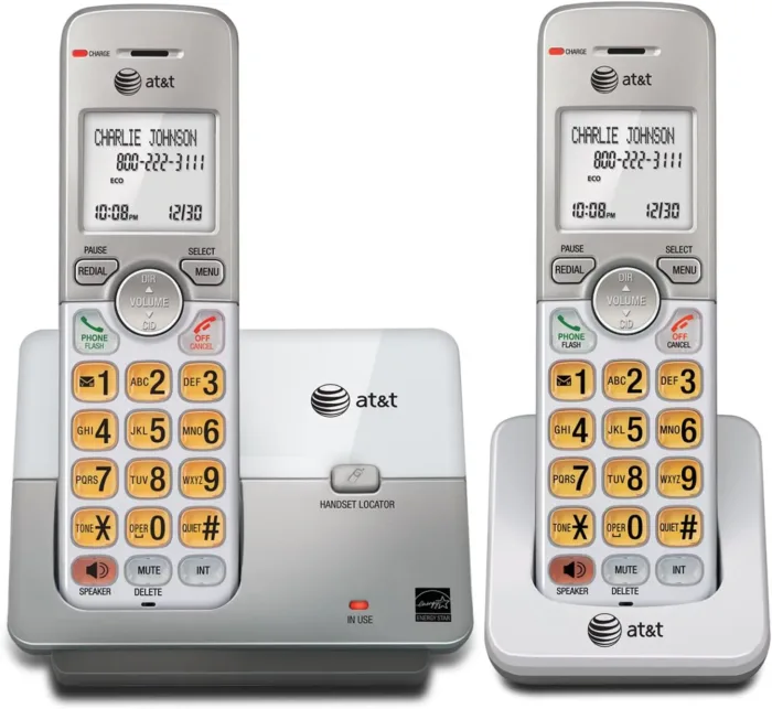 AT&T EL51203 2 Handset DECT 6.0 Cordless Home Phone Full-Duplex Handset Speakerphone, Backlit Display, Lighted Keypad, Caller ID/Call Waiting, Phonebook, Eco Mode, Voicemail Key, Quiet Mode,Intercom