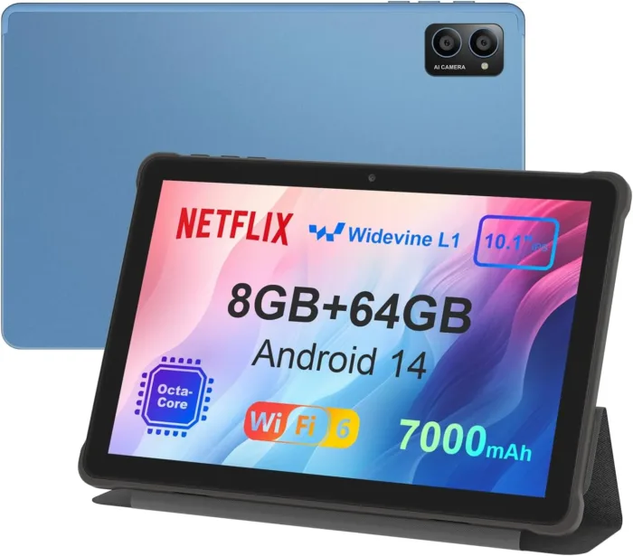 AWOW 10 inch Android 14 Tablet: 2025 8-Core CPU 8GB RAM 64GB ROM 1TB Expandable Widevine L1 Android Tablet 7000mAh Battery OTG IPS Face Recognition, Metal Body + Stand Case