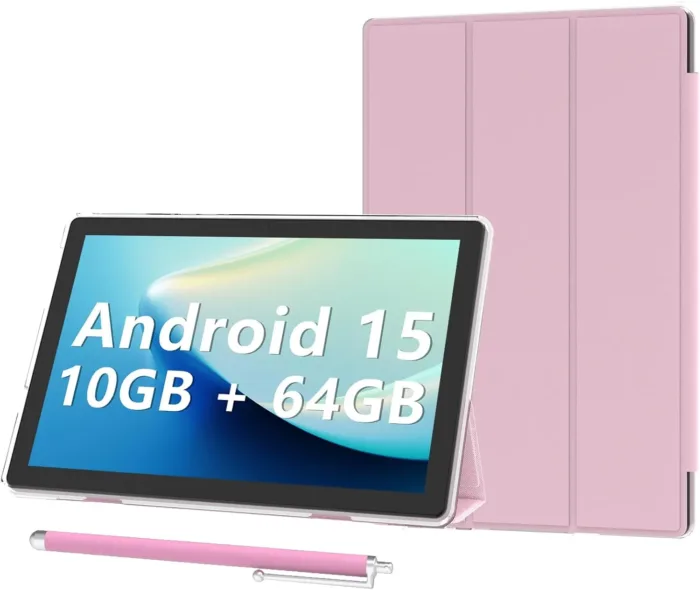 Android 15 Tablet 10 inch Tablets with Case, 10GB RAM + 64GB ROM (Expand to 1TB), Quad Core Processor Tablets, 5G WiFi 6, BT5.0, 1280x800 HD Screen, 6000mAh, Dual Camera, GMS, Widevine L1, Pink