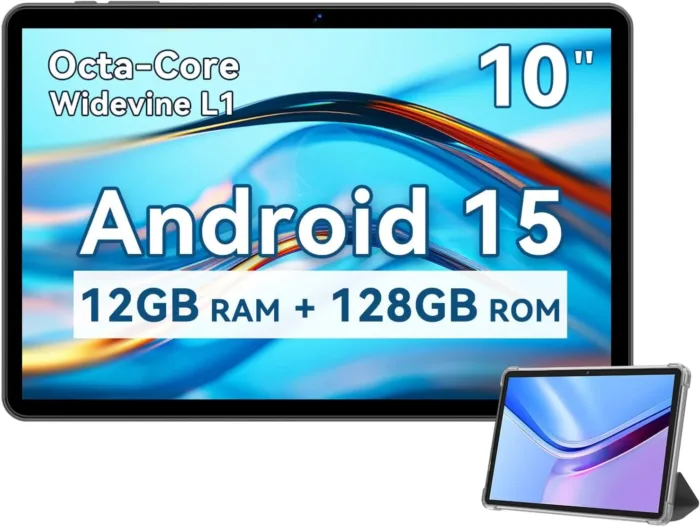 Android Tablet 10 Inch, 2025 Android 15 Tablet for Kids Adults, Octa-Core, 12GB RAM 128GB Storage 1TB Expandable, Dual Cameras 8MP 2MP, Split Screen, 6000mAh GPS Dual Speakers Face Unlock WiFi- Gray