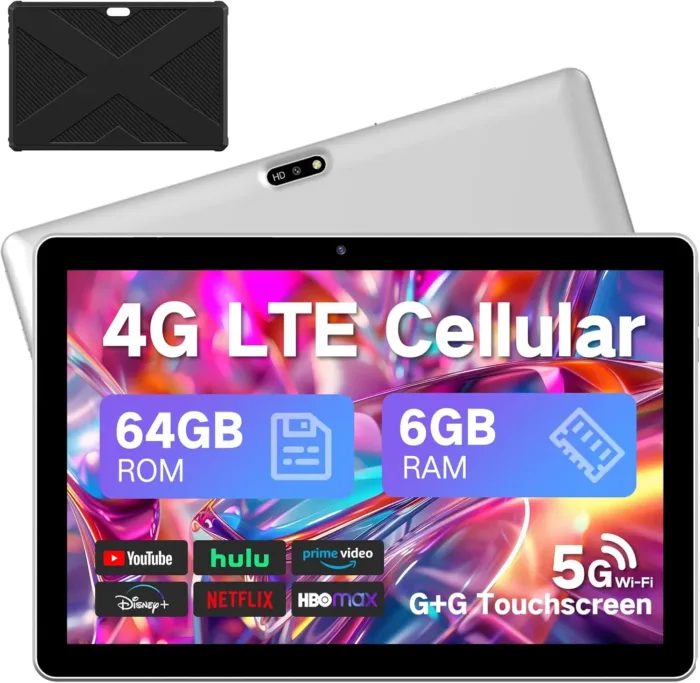 Android Tablet 10.1 inch, 2025 Cellular Tablets with SIM Card Slot, 4G LTE Tablet & Phone(Makes Calls), 64GB Storage (Expandable to 1TB),1280x800 IPS, Dual Cameras 8H Battery 5G Wifi with Case(Silver)