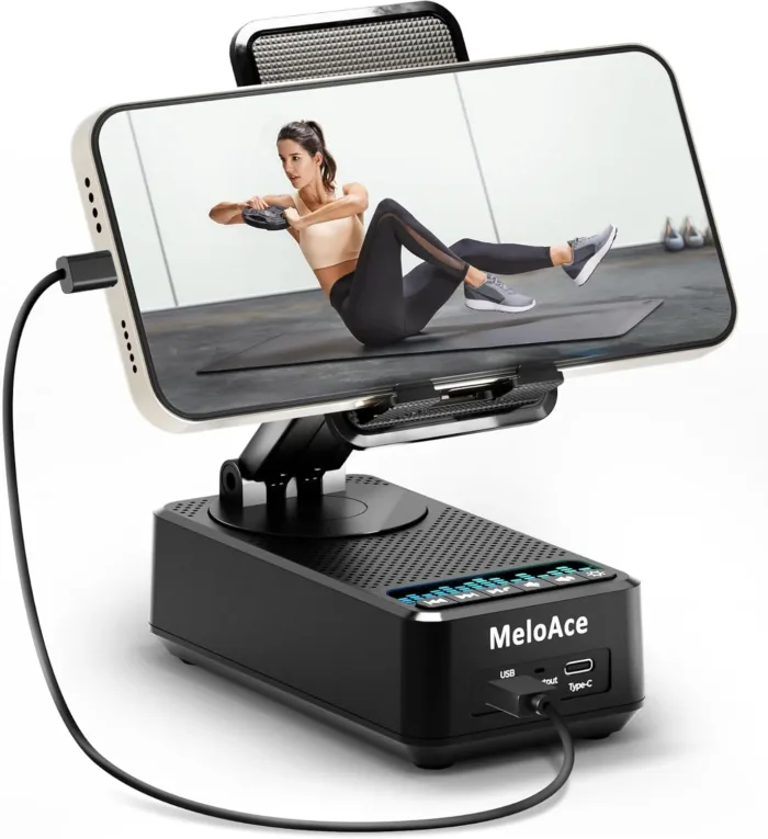 Bluetooth Speaker with Cell Phone Stand, Crystal-Clear Sound with Powerful Bass, Adjustable Holder & Dynamic LED Lights, 5000mAh Battery for 20 Hours Playtime & Power Supply, Gift for Parents