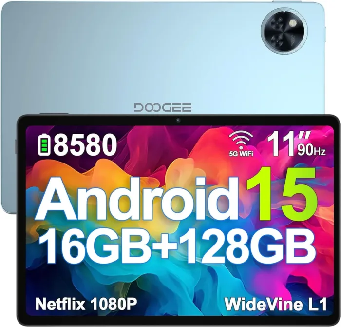 DOOGEE Android 15 Tablet, 11 inch Android Tablet 16GB+128GB/2TB TF Octa-Core,90Hz Display, 8580mAh, Netflix 1080P,Bluetooth 5.0+5G WiFi, 13MP+5MP, Face ID,Metal Body-Black