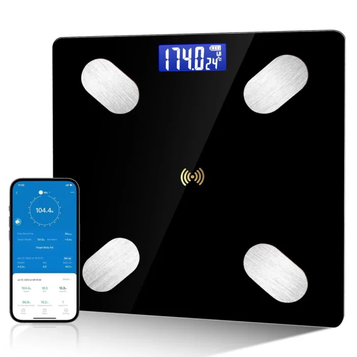 Digital Simple Bathroom Scale, Practical Body Fat Scale with Led Display, Body Composition Analyzer with Smartphone Application (Black)