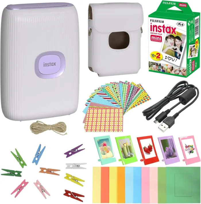 Fujifilm Instax Mini Link 2 Smartphone Printer Clay White + Fuji Instax Film Value Pack 20 Sheets Accessories Bundle with Case + 5 Plastic Desk Frames + 10 Paper Frames Plus 60 Sticker Frames - Image 2