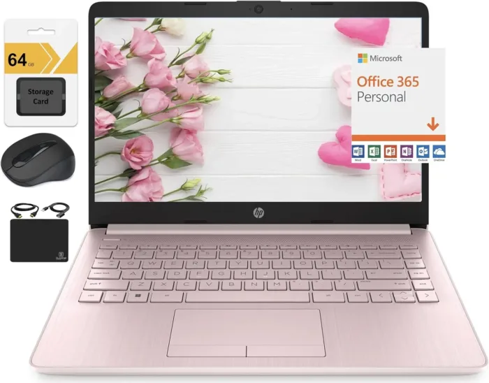 HP New 14" HD Ultra Light Thin Laptop, Quad-Core Intel Celeron Processor, 4GB RAM, 128GB (64GB eMMC+ 64GB Card), Wi-Fi, Upto 11 Hours, Windows 11 S + 1 Year Office 365+HubxcelAccessory, Pink - Image 2