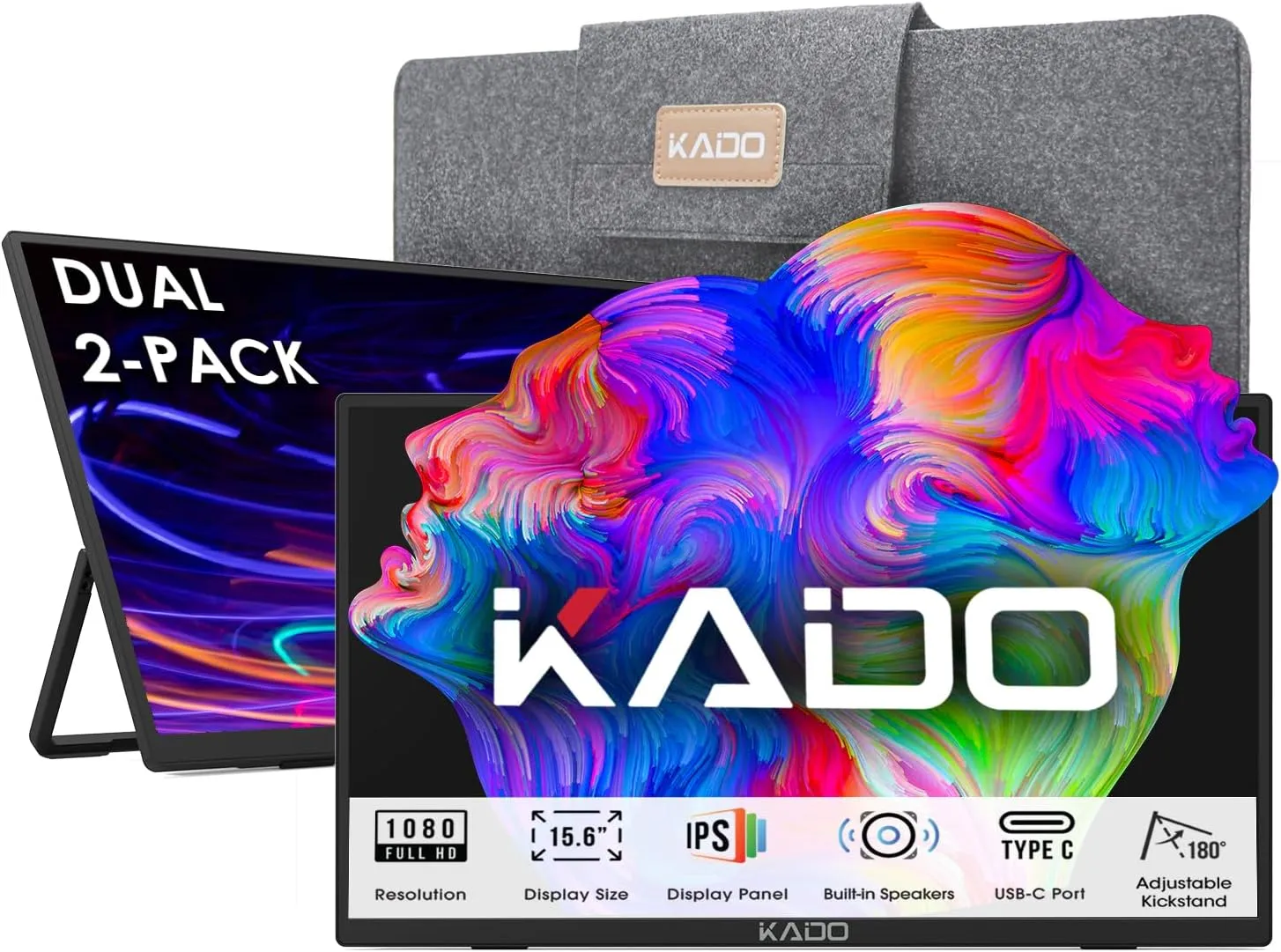 Kado Dual Portable Monitor Setup - 2-Pack 15.6" FHD for Laptop, 1920x1080 IPS HDMI USB Type-C Screen Extender, Built-in Speakers, Stacked Setup for Office Gaming Daytrading - Image 2
