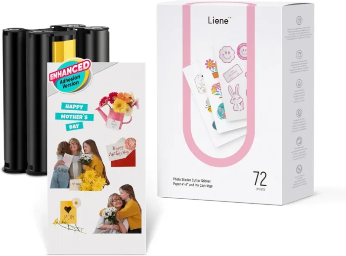 Liene Sticker Paper & Cartridge (Enhanced Adhesion Version) - 2 Ink Cartridge Refills & 72 Sheets 4x7" Photo Paper, Dye Sublimation Waterproof, Compatible with Liene PixCut S1 - Image 2
