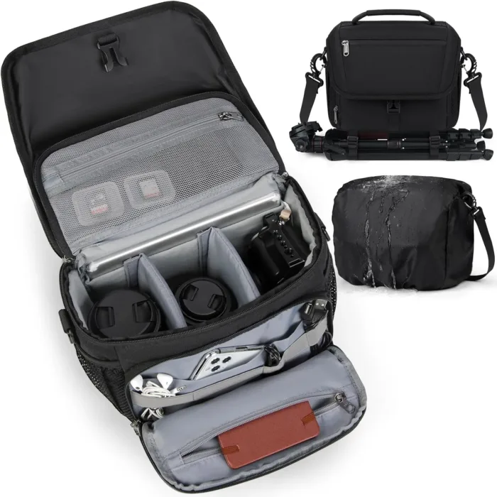 RAINSMORE Camera Bag, DSLR/SLR/Mirrorless Camera Case with Tripod Holder Waterproof Camera Sling Bag Crossbody Camera Bags for Photographers with Rain Cover for Canon/Nikon/Sony/Fuji, Black - Image 2