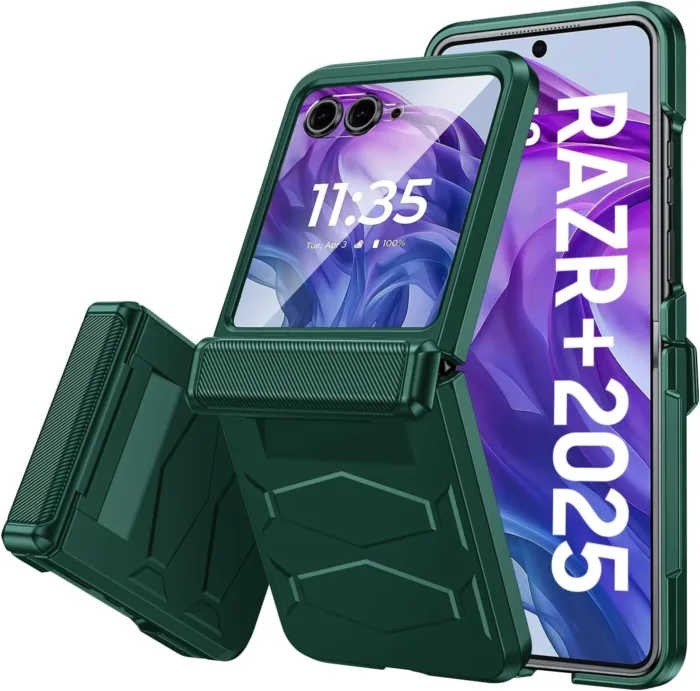 Vizvera for Motorola Razr+(Plus) 2025 Case with Hinge Cover,Built-in Screen Protector Shockproof All-Inclusive Smartphone Cover Wireless Charging for Motorola Razr+(Plus) 2025(Green)